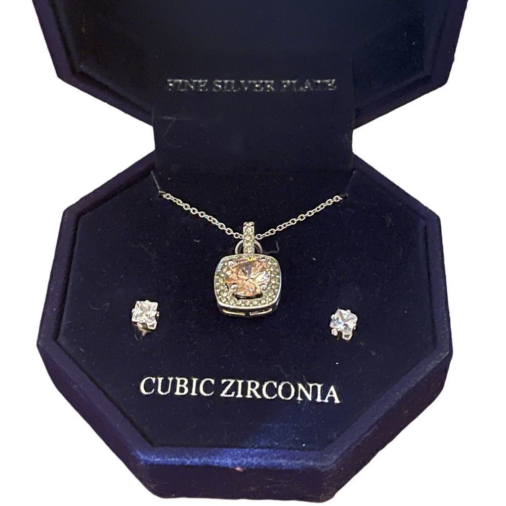 Silver Plate Cubic Zirconia Pink square Necklace and Stud Earring Set